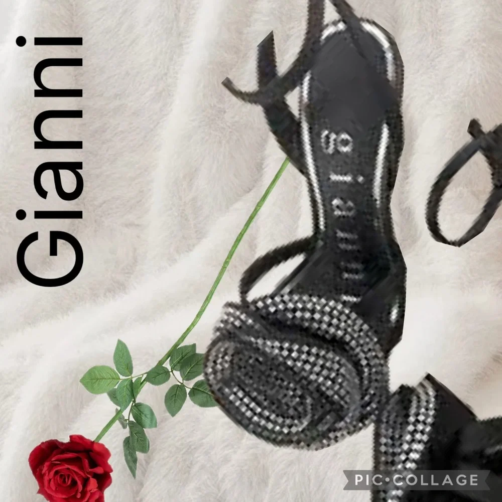 🌹 Gianni Bini Black Strappy Rose Embellished 3” Heels Square Toe Shoes Size 7.5